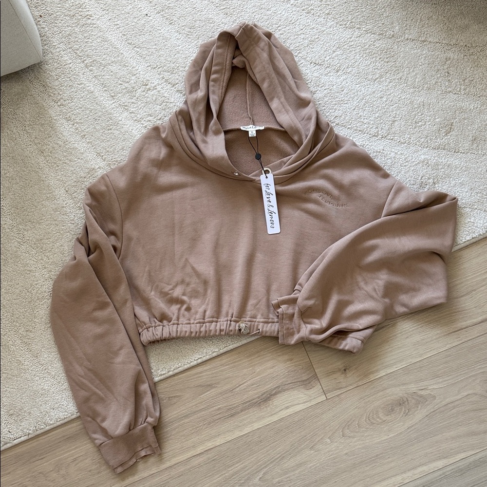 NEW- For Love and Lemons Ellie Cropped Tan Hoodie Sweatshirt - Picture 2 of 11